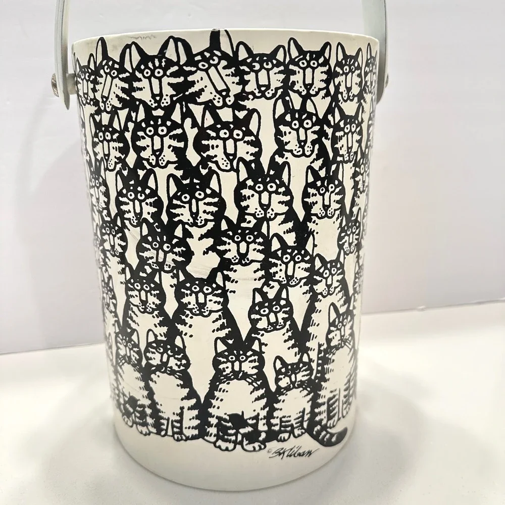 Vintage B Kliban Cat Crowd Ice Bucket White Black Retro Barware Insulated Lid